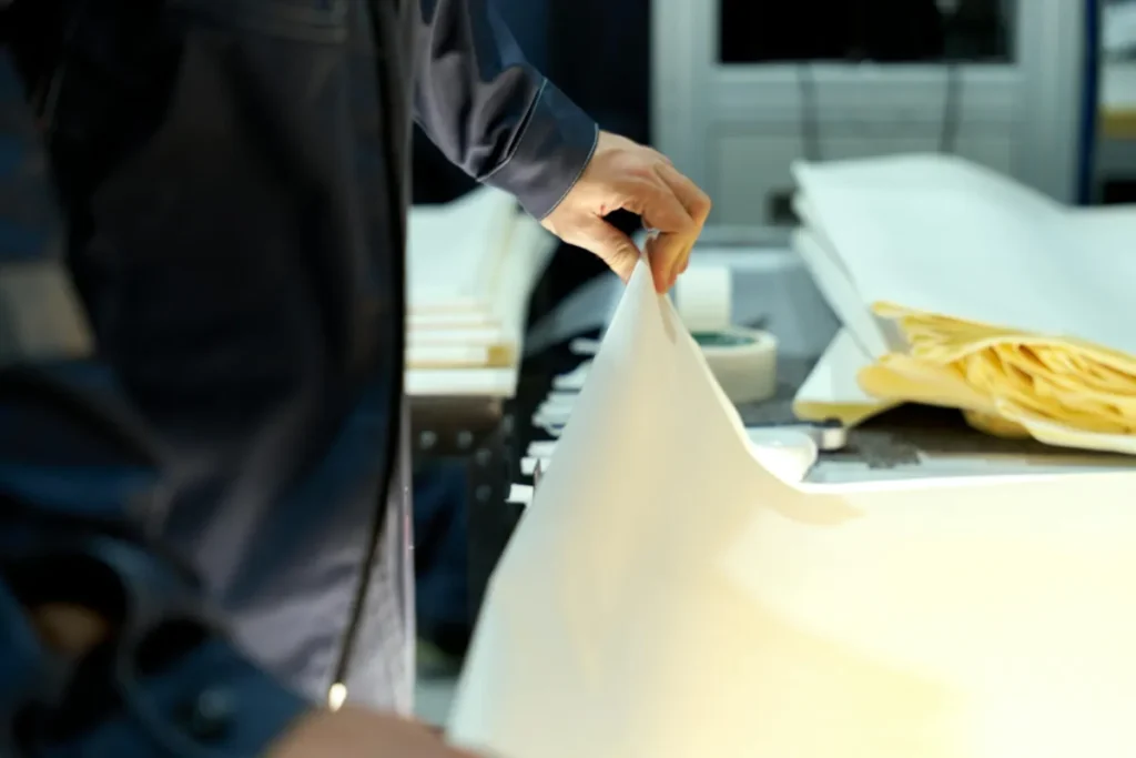 Pekerja industri memeriksa lembaran bahan di pabrik untuk memastikan kualitas dan mencegah produk defect